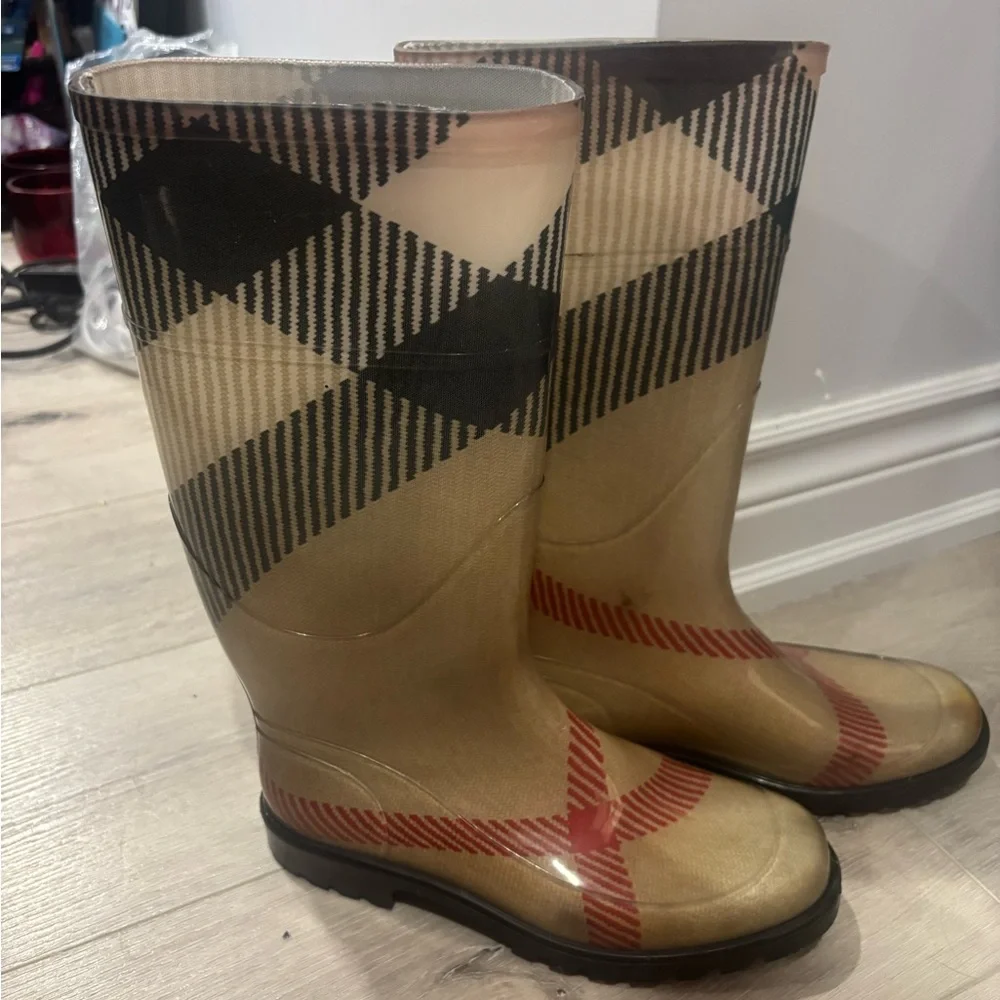 Burberry Beige Black and Red Plaid Rain Boots - Picture 1 of 7
